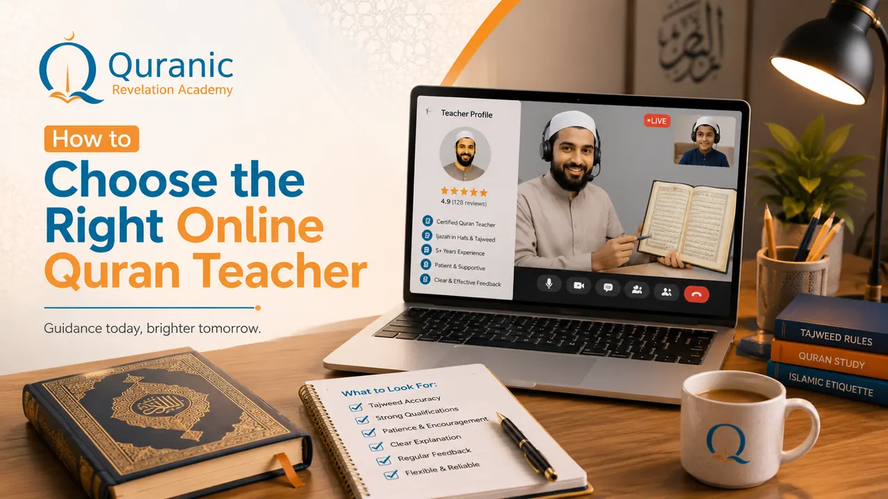 Qualified Quran teacher explaining Tajweed rules during an online lesson