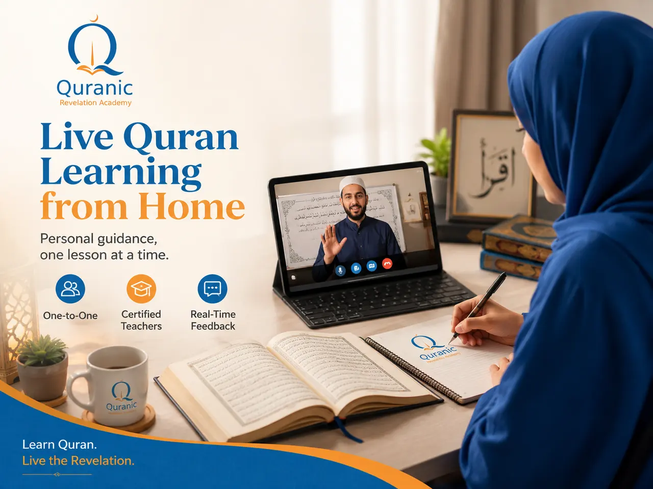 Student reading Quran while teacher listens online